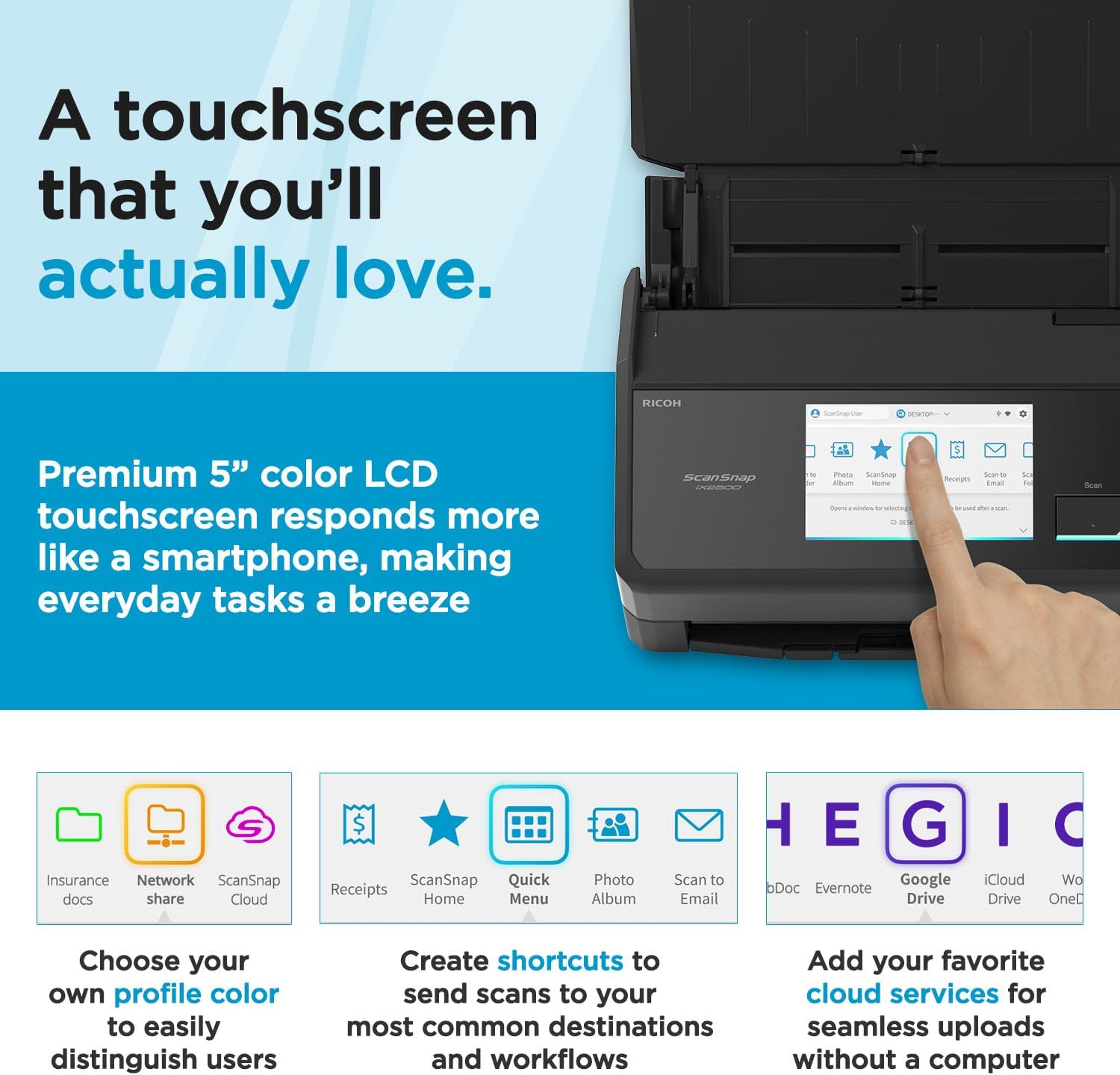 ScanSnap iX2500 Wireless or USB High-Speed Cloud Enabled Document, Photo & Receipt Scanner with Large 5" Touchscreen and 100 Page Auto Document Feeder for Mac or PC, Black - Image 5